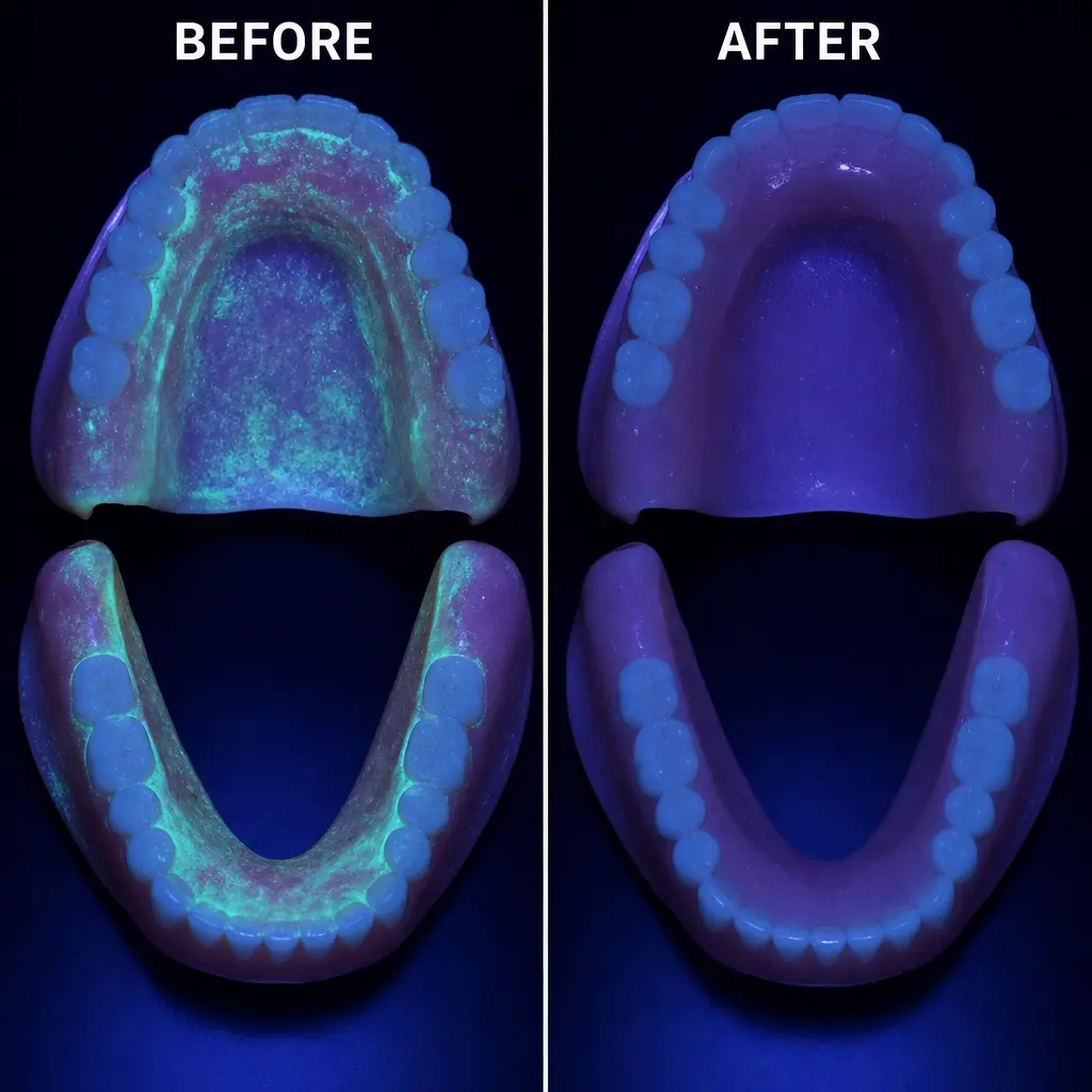 Before and after images of dentures under a blacklight, showing them dirty and then clean.