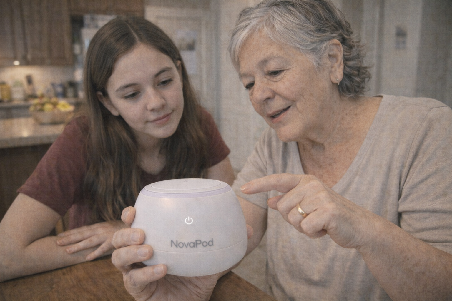 An older woman and a young girl look at a white electronic device called a NovaPod at a table.