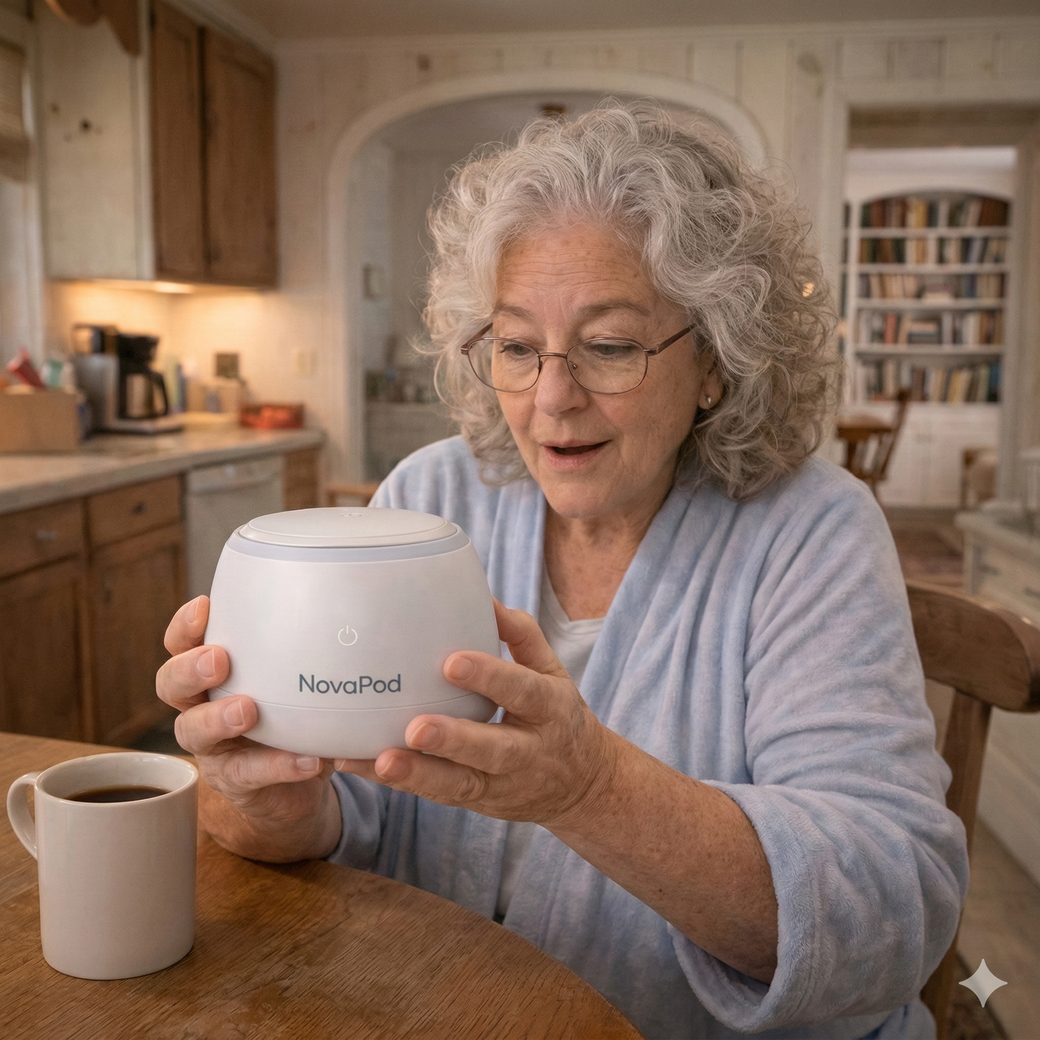 An older woman in a robe sits at a table, looking with interest at a white NovaPod device.