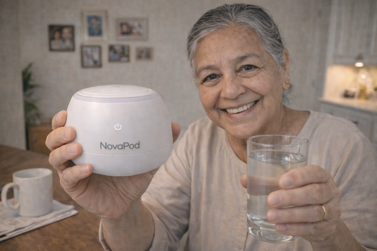 An older woman smiles while holding a NovaPod device and a glass of water.