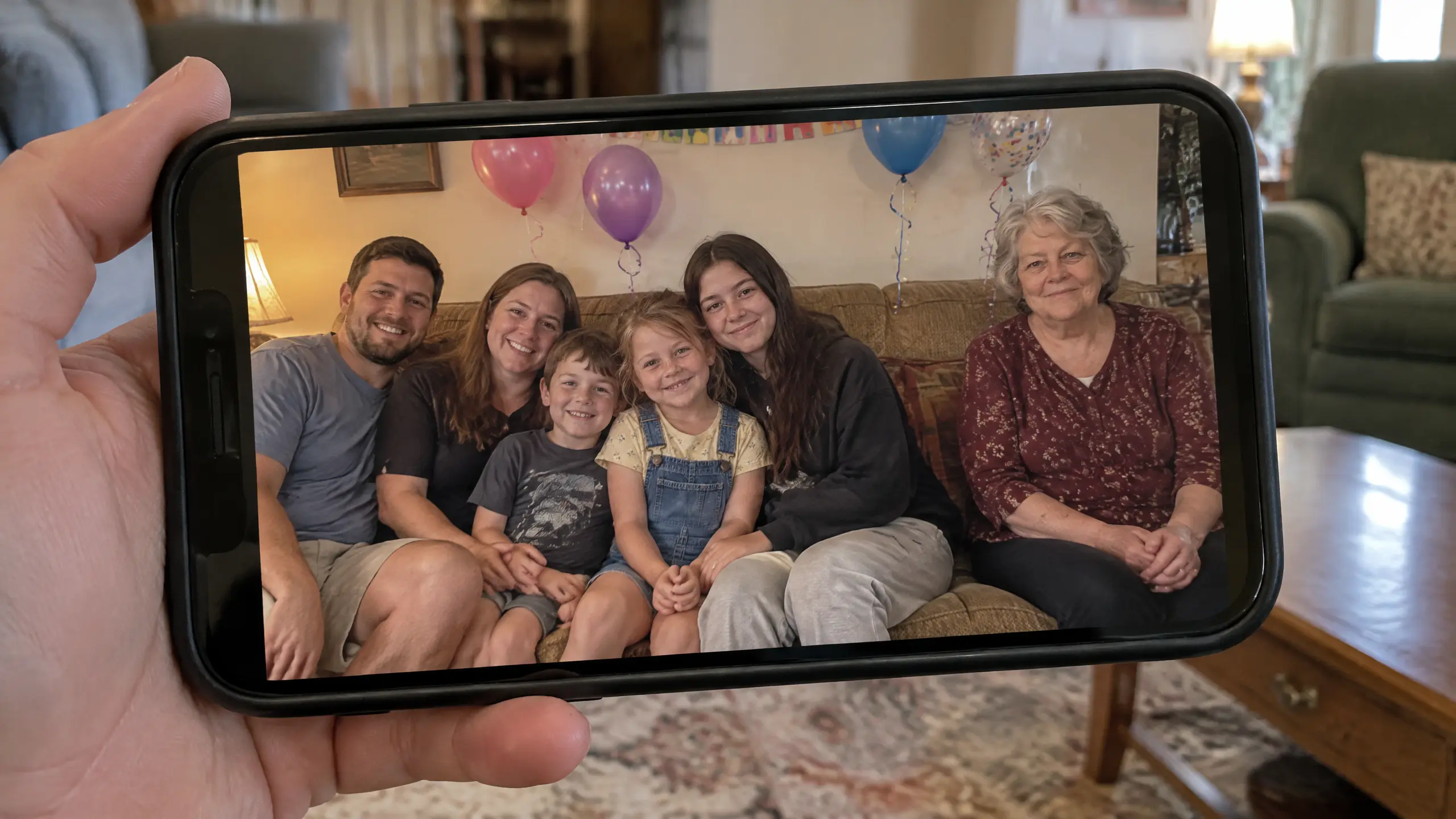 A hand holds a smartphone displaying a composite family photo on a couch with balloons in the background.