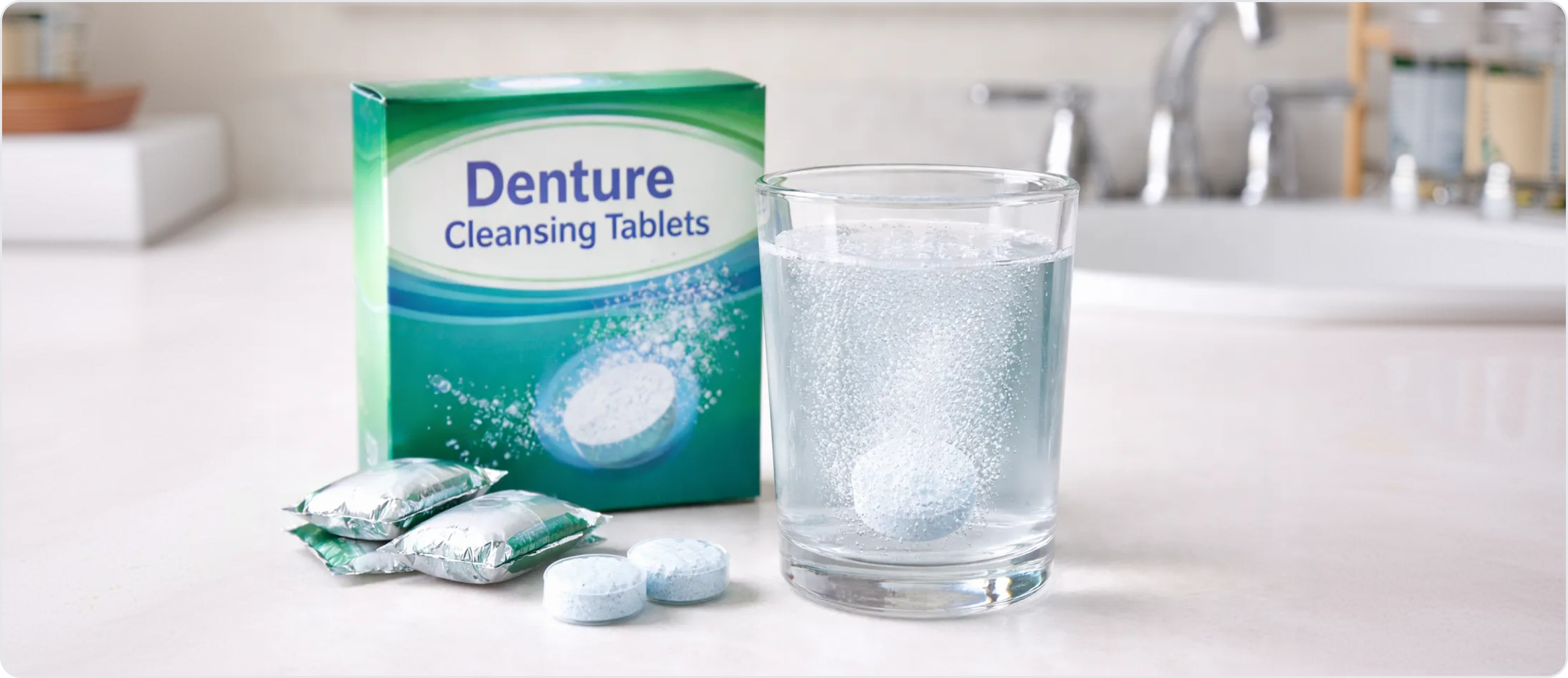 A box of Polident next to dentures soaking in a glass, with a smartphone timer counting down.