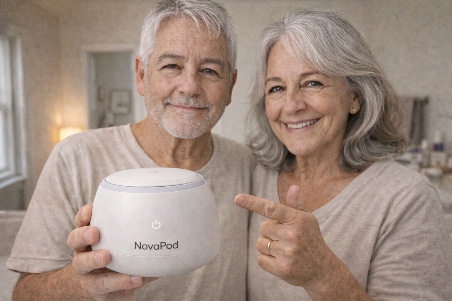 An older man and woman smile while holding and pointing to a white device labeled NovaPod.