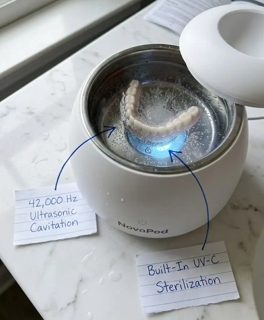 A white NovaPod ultrasonic cleaner sterilizing a dental appliance in water with a blue UV-C light.