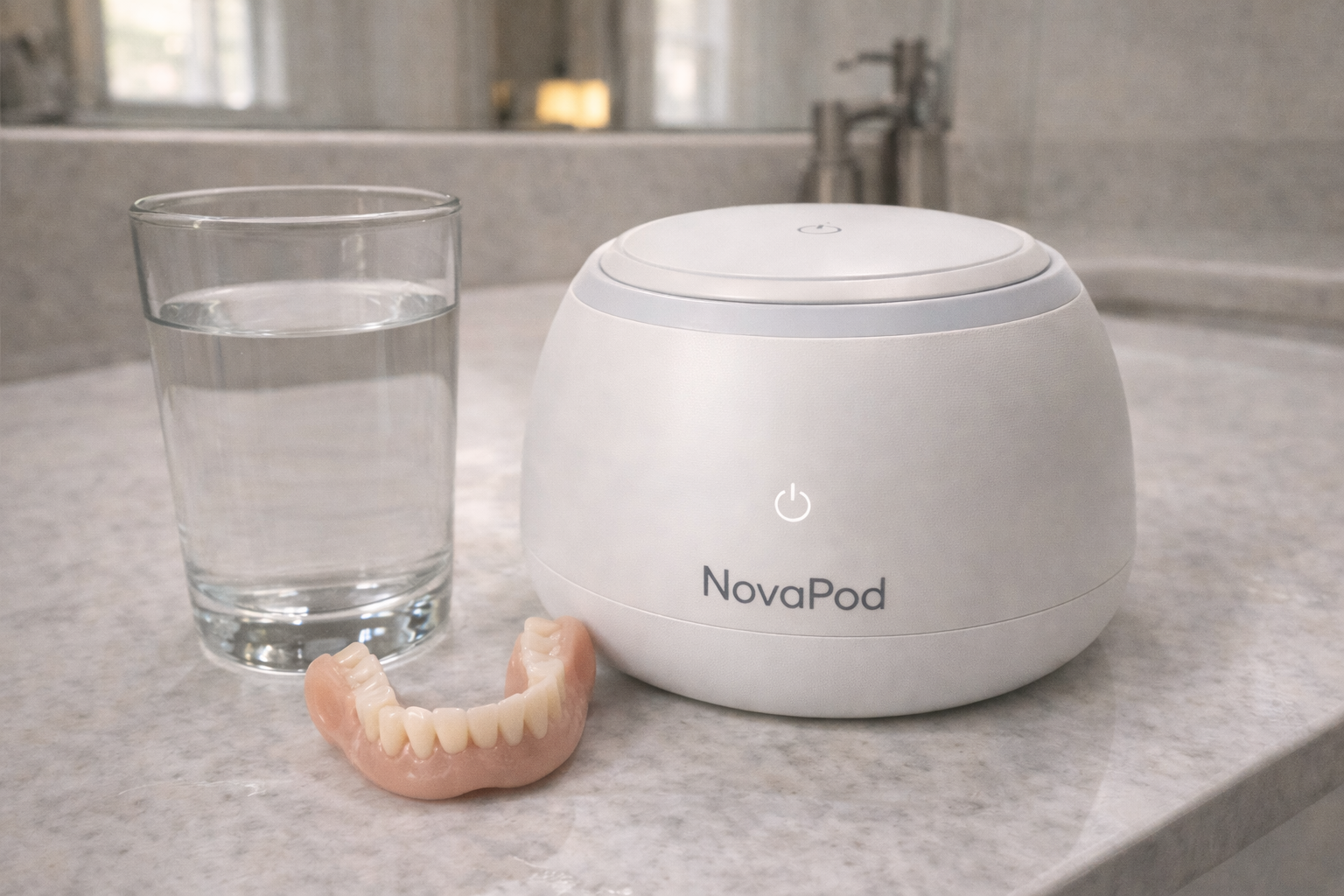 A NovaPod device on a bathroom counter with a lower denture and a glass of water.