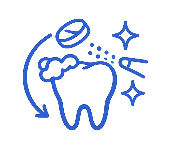 A blue line art icon of a tooth being cleaned with a dissolving tablet and a dental tool.