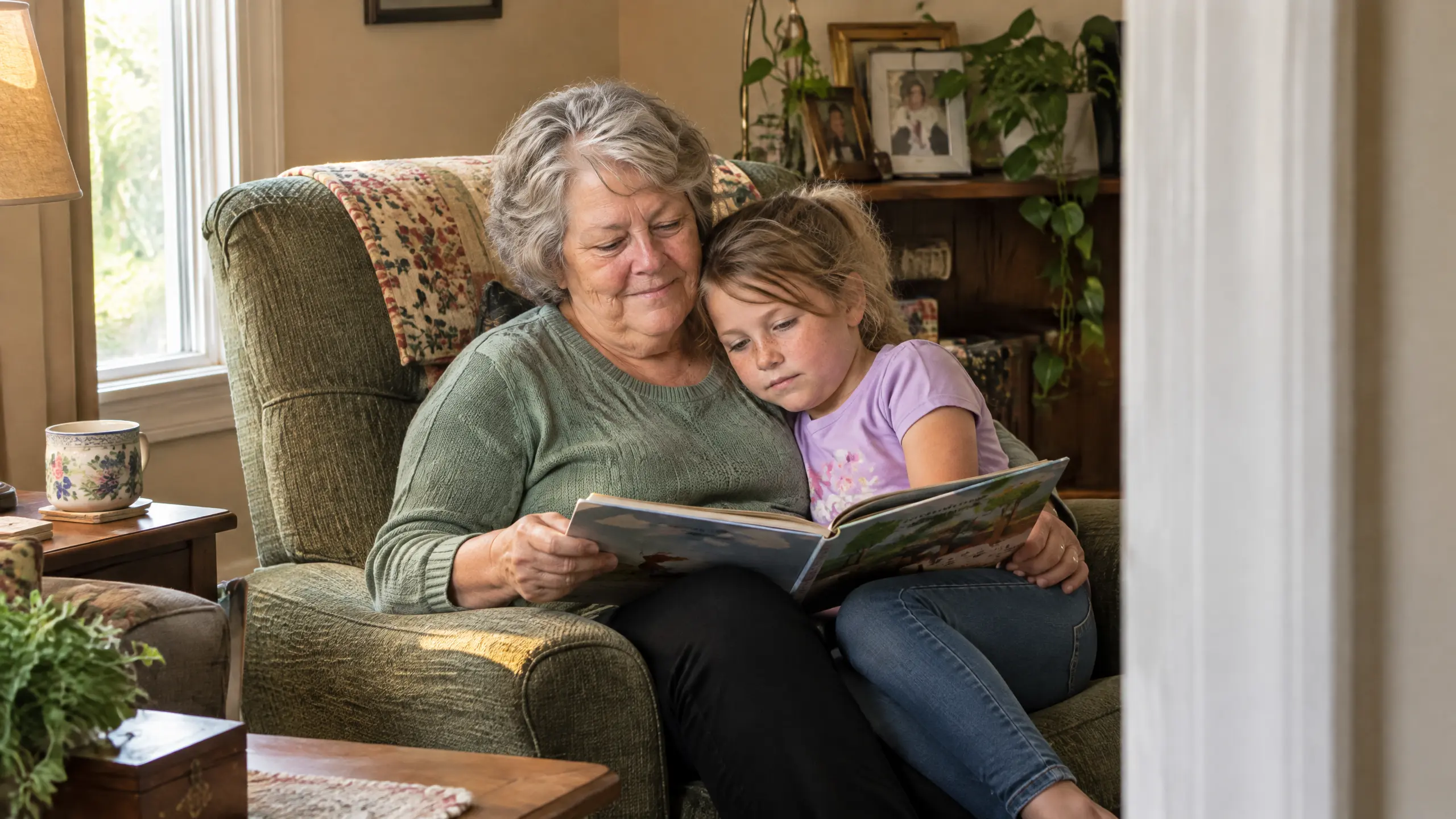 An older woman and a young girl sit in a large armchair and read a book together.