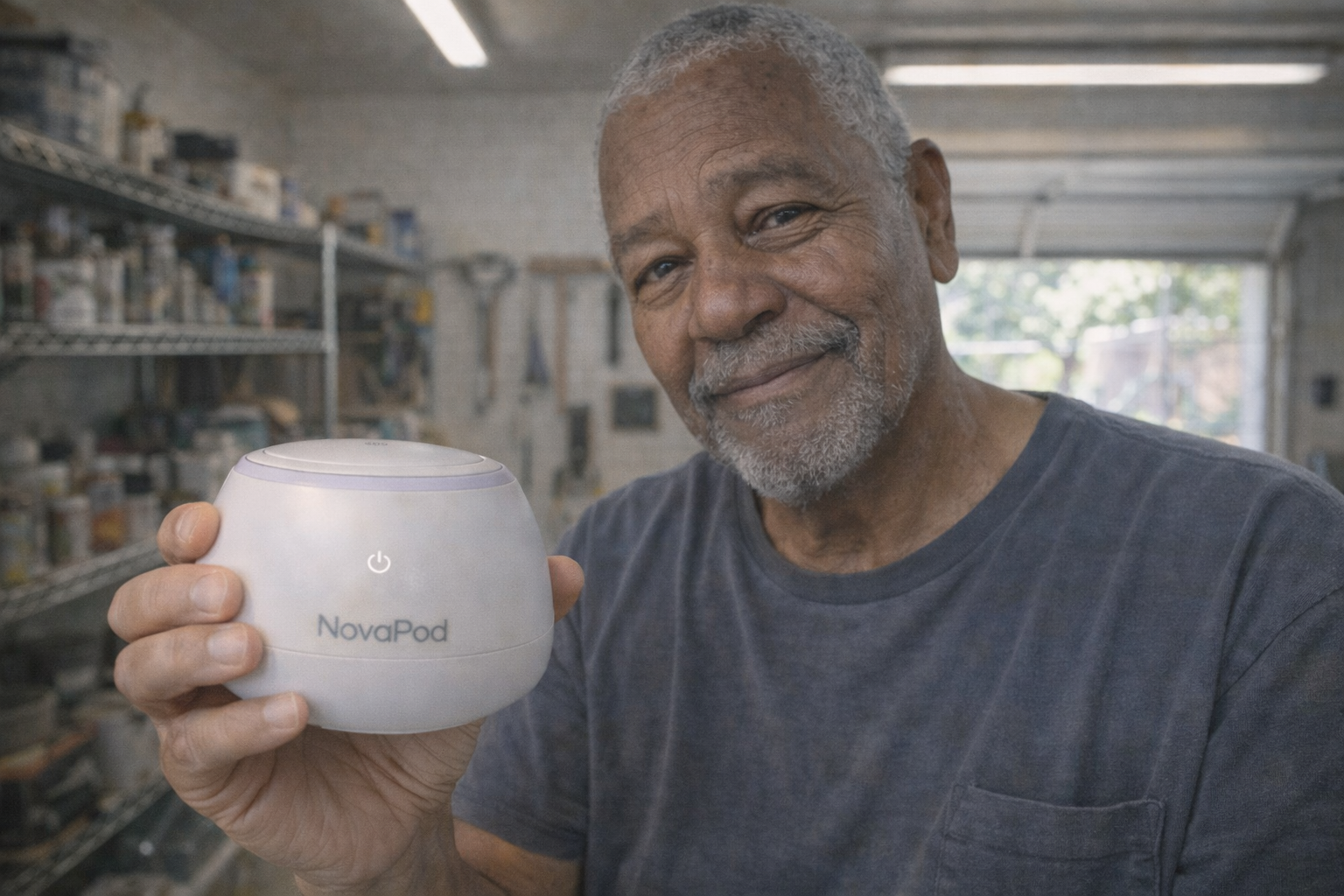 An older man in a workshop smiles while holding a white electronic device called a NovaPod.