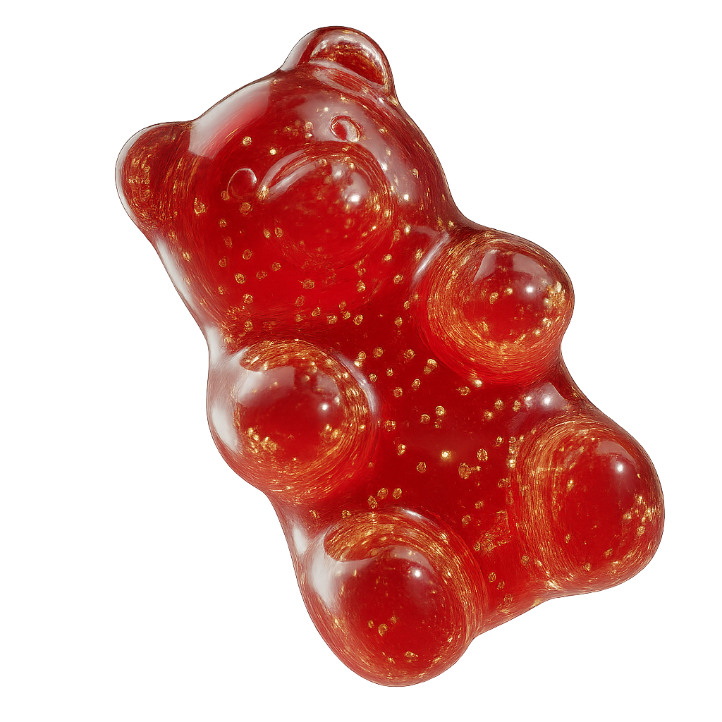 A close-up of a translucent red gummy bear with gold flecks inside against a dark background.