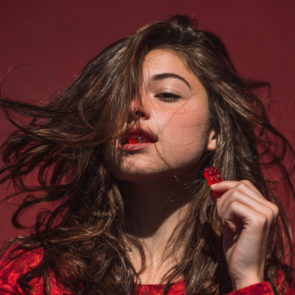 Person with long hair holding a gummy bear against a red background.