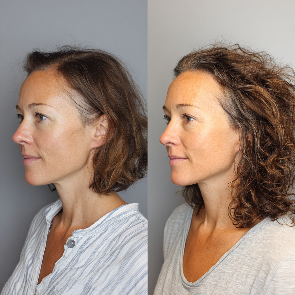 Side-by-side profile photos of a woman with different hairstyles.