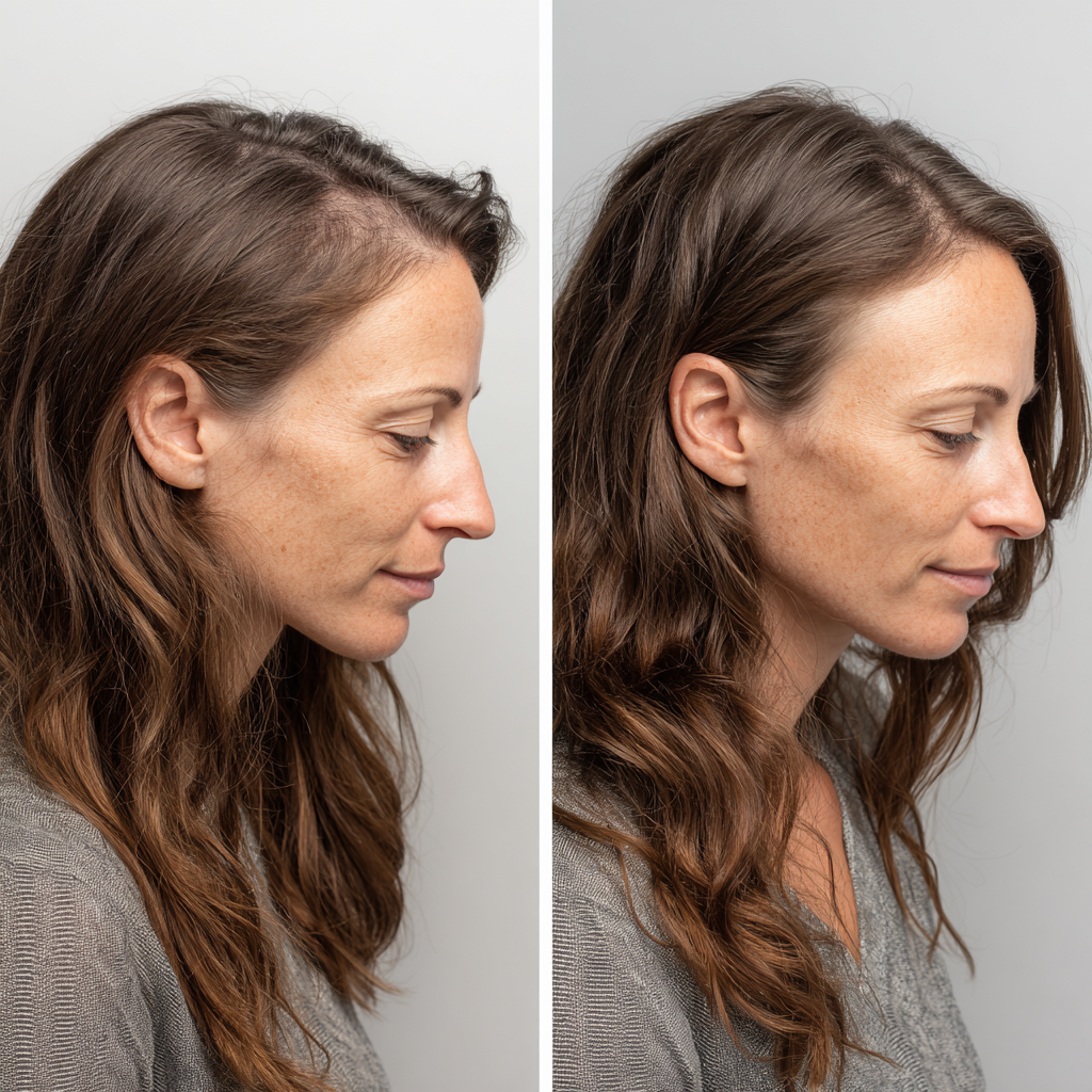 Side-by-side profile views of a woman, before and after hairstyle change.