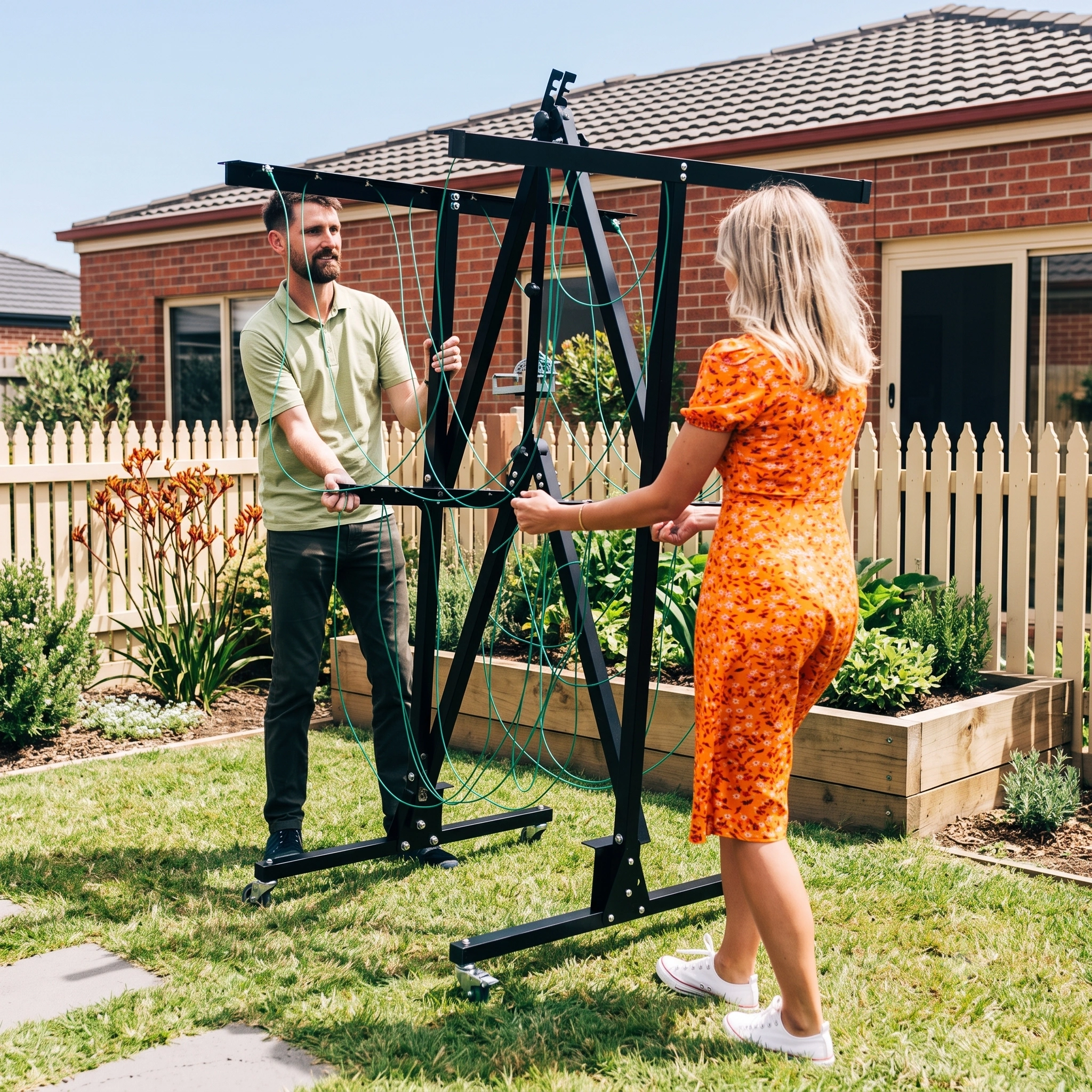 A man and a woman hold a large, black, portable clothesline on a grassy lawn.