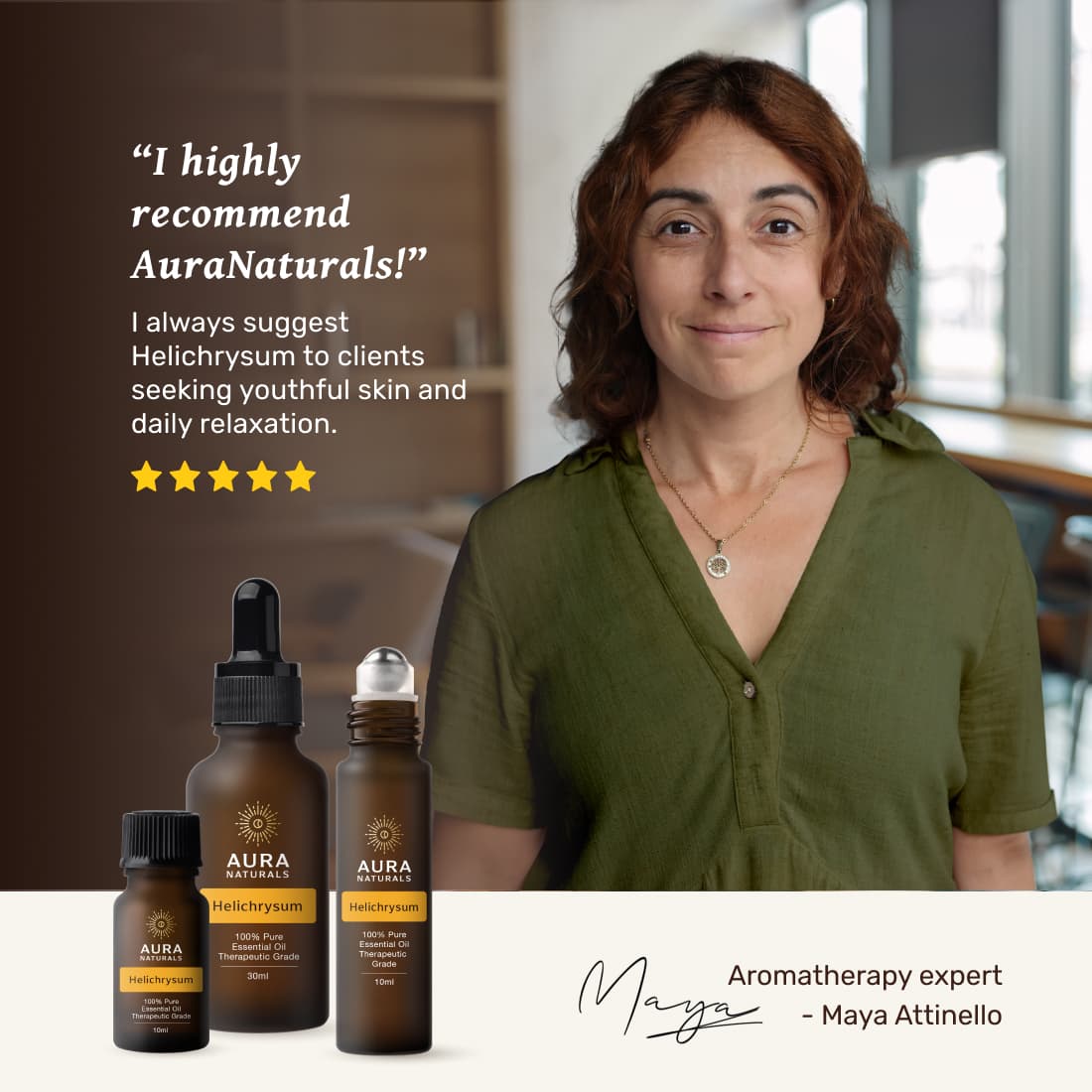 Woman standing beside AuraNaturals products with a testimonial and star rating.