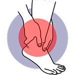 Illustration of hands holding an ankle with a red circle indicating pain.