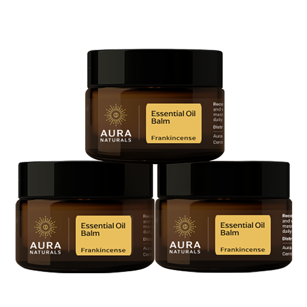 Three jars of Aura Naturals essential oil balm labeled frankincense.