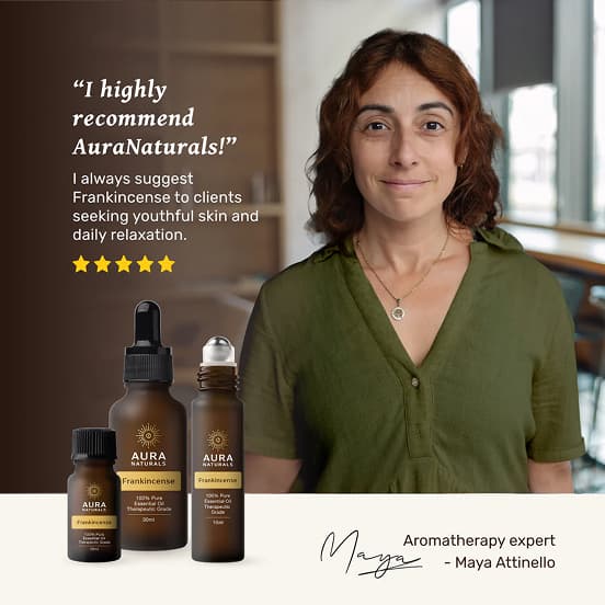 Woman standing beside AuraNaturals products with a testimonial and star rating.
