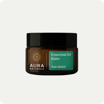 Brown jar labeled 'Essential Oil Balm' with 'Aura Naturals' logo.