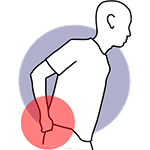 Illustration of a person holding their lower back with a red highlight.