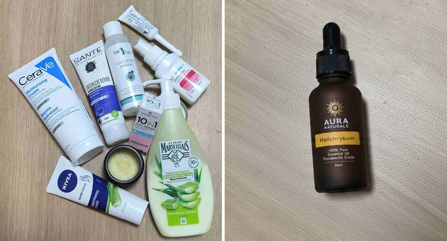 A diptych showing a collection of skincare products on the left and a bottle of essential oil on the right.