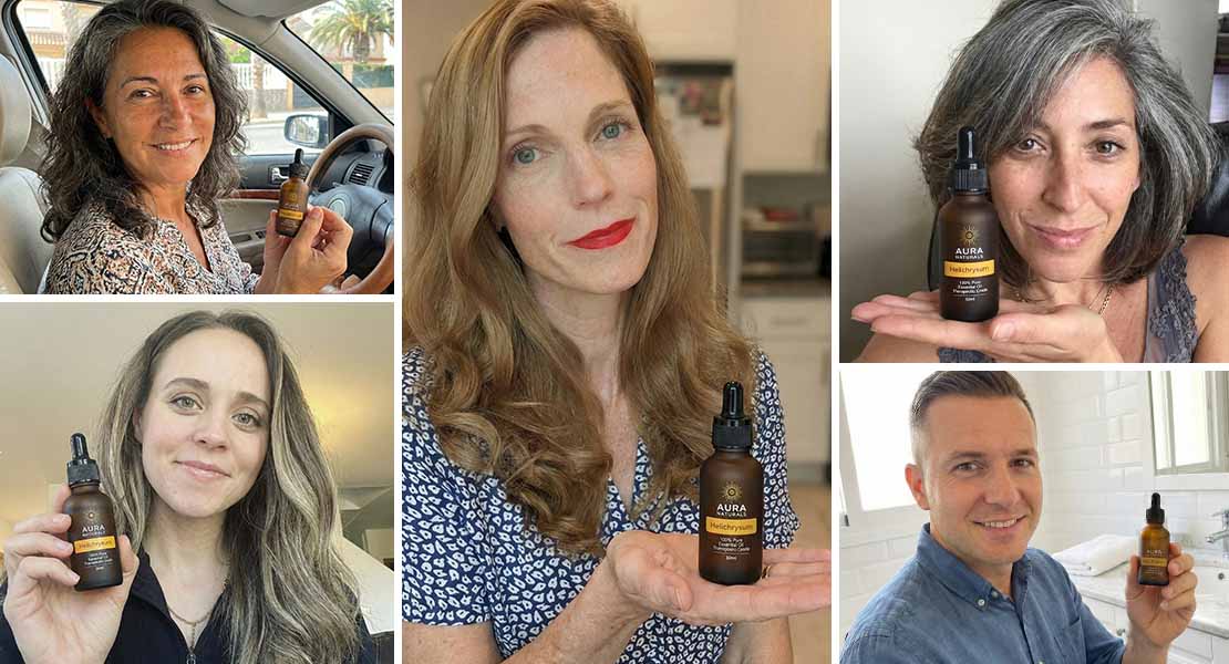A photo collage of five different people, smiling while holding a small brown bottle of Aura Naturals serum.