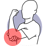 Illustration of a person holding their elbow, highlighted with a red circle.