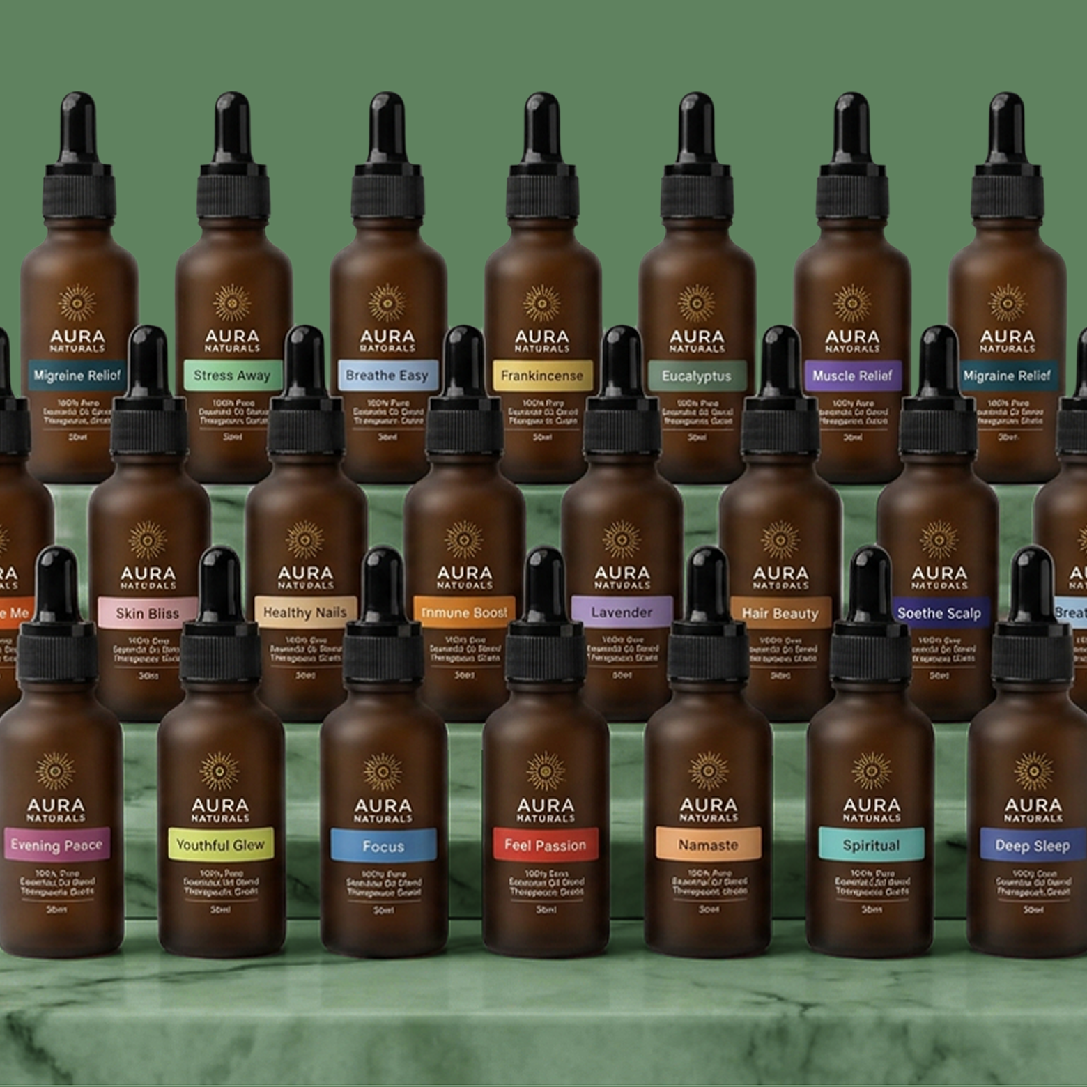 An assortment of Aura Naturals essential oil products in brown dropper bottles arranged on shelves.
