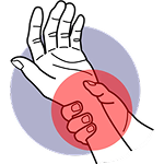 Illustration of hands with a red circle indicating wrist pain.
