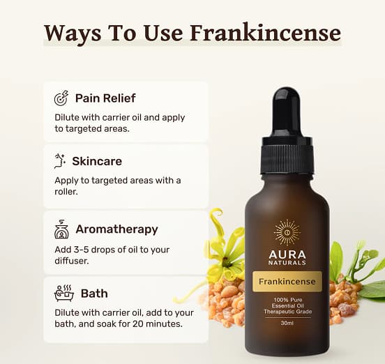 Image of frankincense oil bottle with usage instructions for pain relief, skincare, aromatherapy, and bath.
