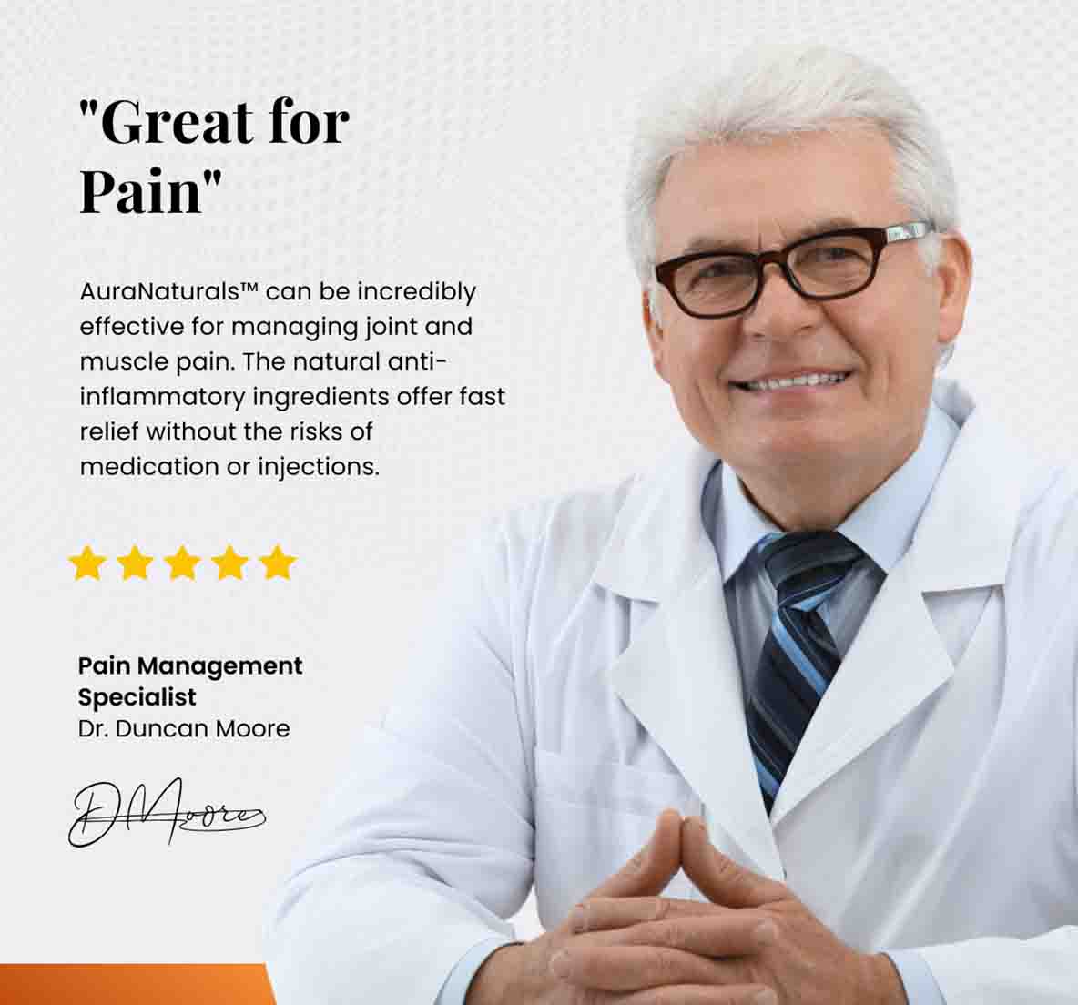Man in a lab coat with glasses, next to text about pain relief.
