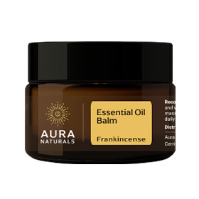 A jar of Aura Naturals Essential Oil Balm, Frankincense flavor.