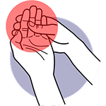 Illustration of two hands, one with a red circular area indicating pain or discomfort.
