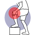 Illustration of a person with a red circle highlighting knee pain while stepping up.