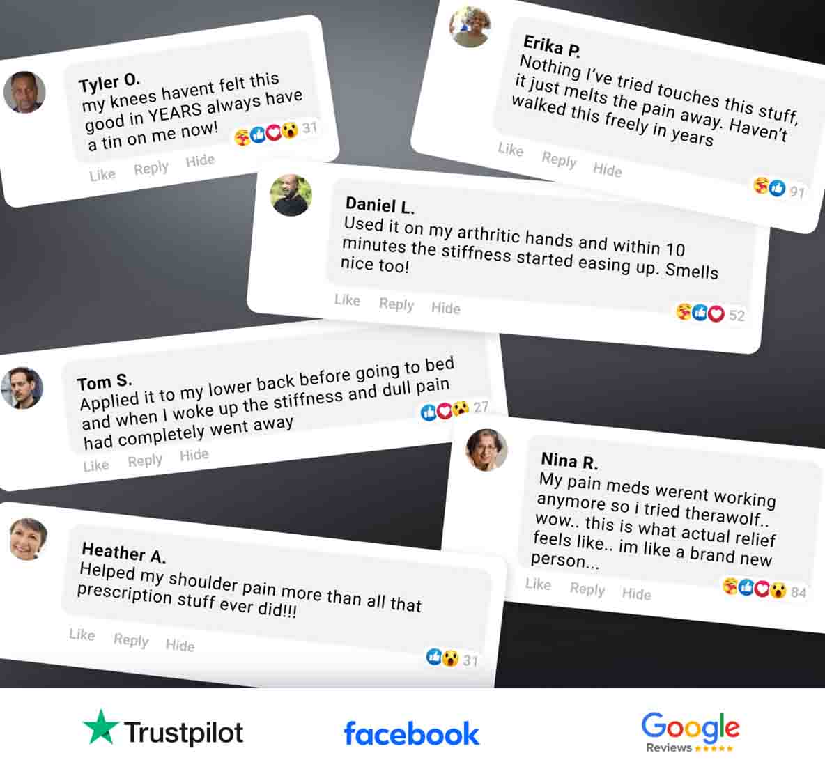 Various testimonials with user comments and reactions from a review platform image.