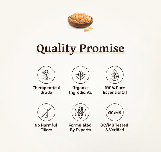 Image with quality promise icons and a bowl of resin at the top.