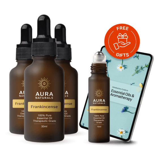 Bottles of Aura Naturals Frankincense oil with a free gift offer.