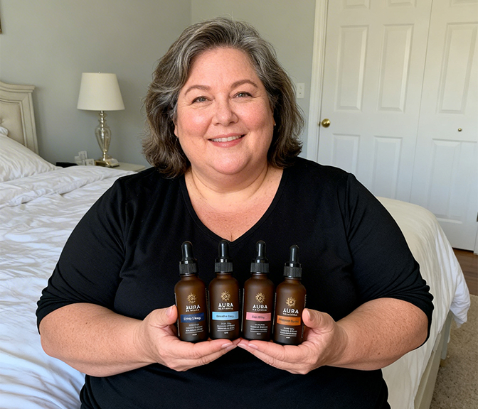 A smiling woman in a black shirt sits on a bed holding four small brown dropper bottles.