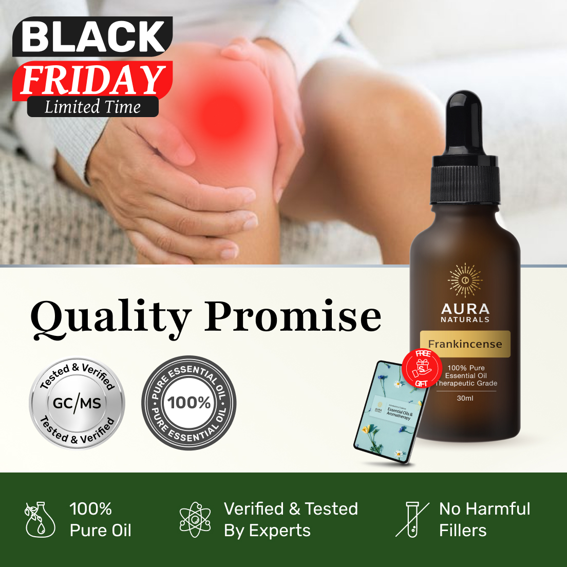 Essential oil bottle with text and person holding knee with red highlight.