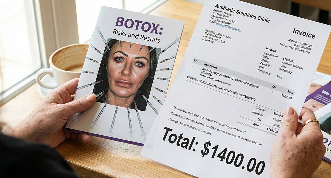 A person holds a brochure for Botox and an invoice for a $1400 session from an aesthetic clinic.