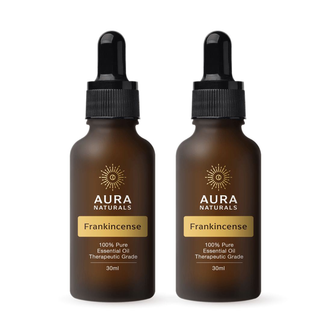 Two brown bottles of Aura Naturals Frankincense essential oil with droppers.