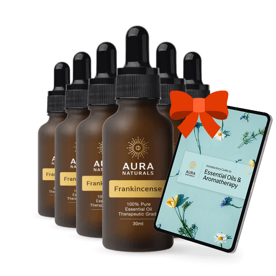 Five bottles of frankincense essential oil with a gift card.