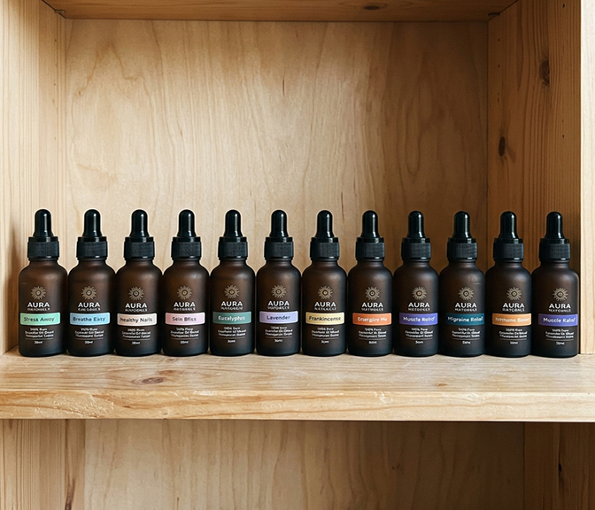 A row of brown glass dropper bottles labeled 'AURA NATURALS' sitting on a wooden shelf.