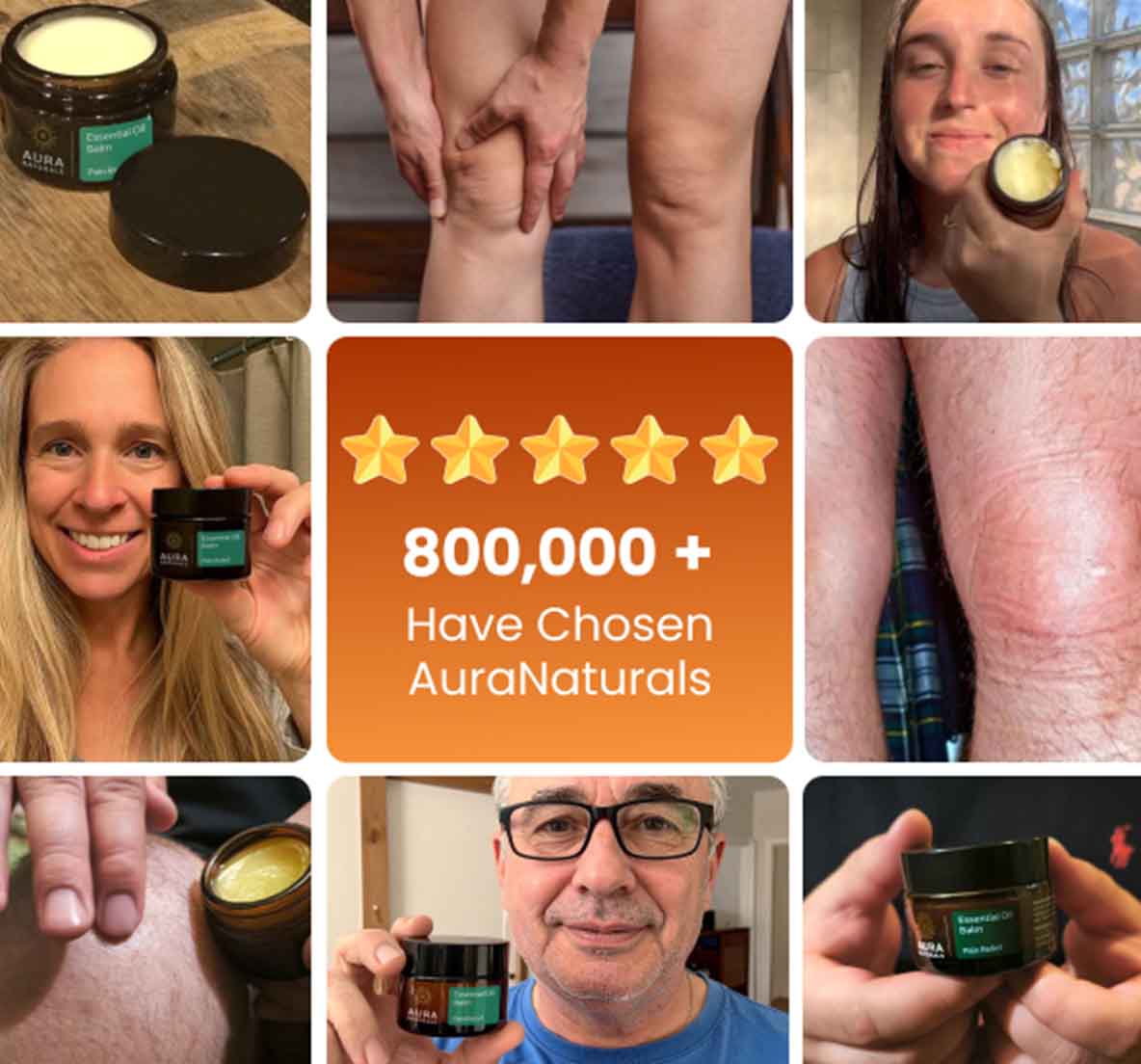 Collage with people holding AuraNaturals cream, showing application results, and a star rating.