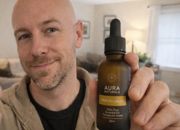 A smiling man holds up a bottle of Aura Naturals Helichrysum essential oil.