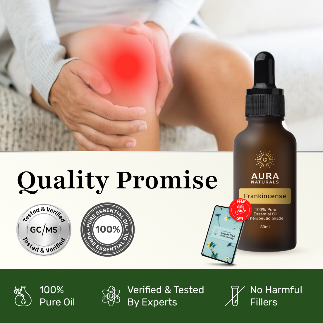 Person holding knee with red area, frankincense oil bottle, and quality promises.