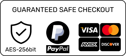 Logos of PayPal, Visa, Mastercard, Amex, and Discover on a black background.