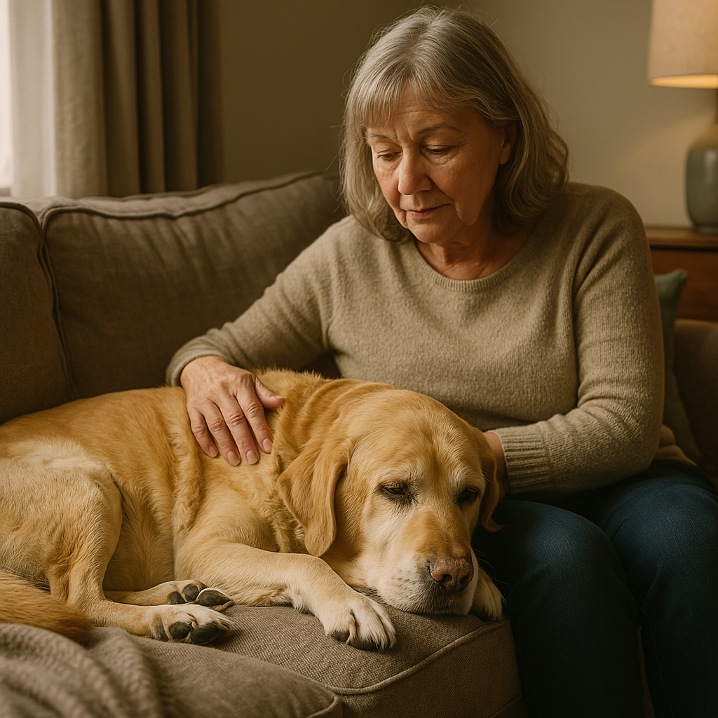 Woman sitting on a couch, gently petting a sleeping dog.