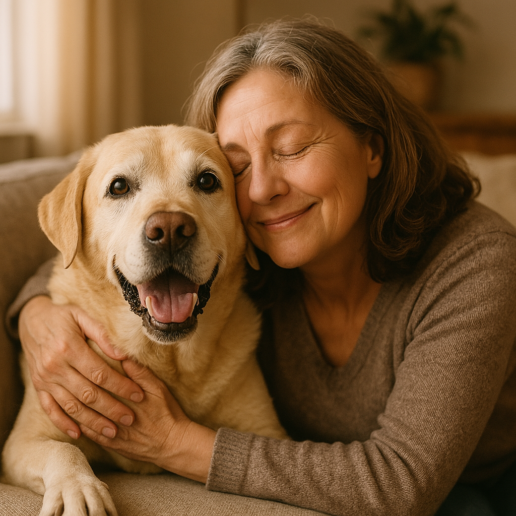 Woman hugging a smiling Labrador retriever on a couch.