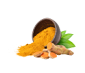 Turmeric powder spilling from a bowl with turmeric roots and green leaves.