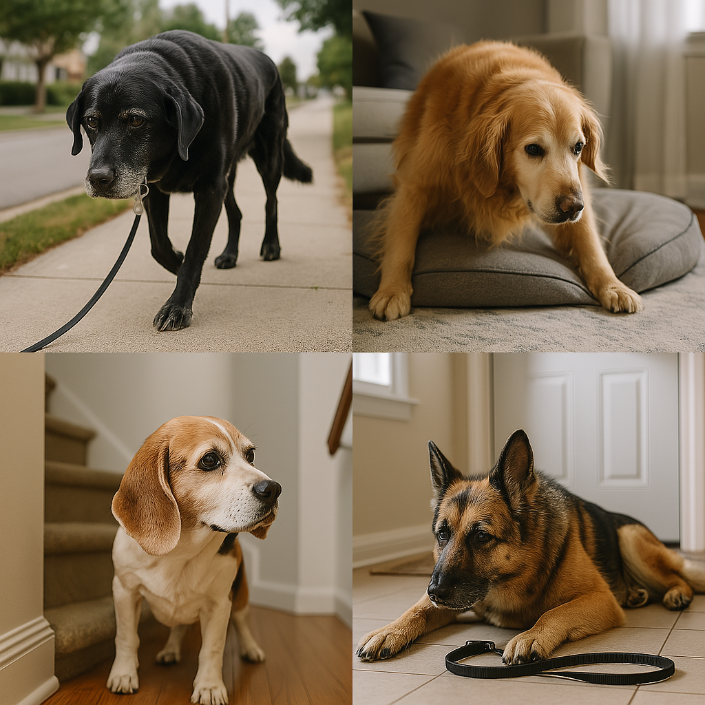 Four different dogs in various indoor and outdoor settings.